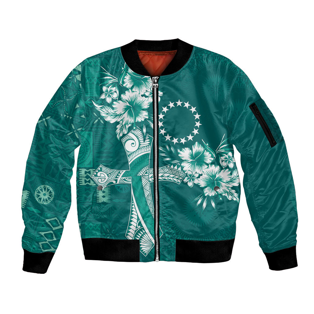 Kia Orana Cook Islands Tapa Floral With Cross Sleeve Zip Bomber Jacket Deep Teal