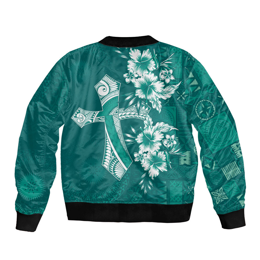 Kia Orana Cook Islands Tapa Floral With Cross Sleeve Zip Bomber Jacket Deep Teal