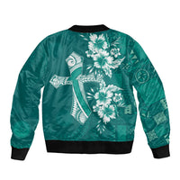Kia Orana Cook Islands Tapa Floral With Cross Sleeve Zip Bomber Jacket Deep Teal