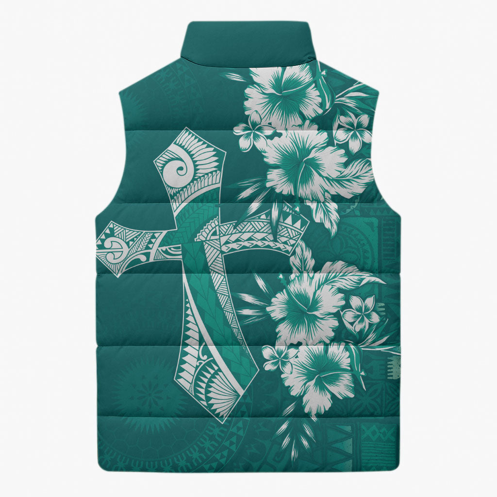 Kia Orana Cook Islands Tapa Floral With Cross Sleeveless Puffer Jacket Deep Teal