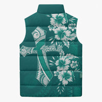 Kia Orana Cook Islands Tapa Floral With Cross Sleeveless Puffer Jacket Deep Teal