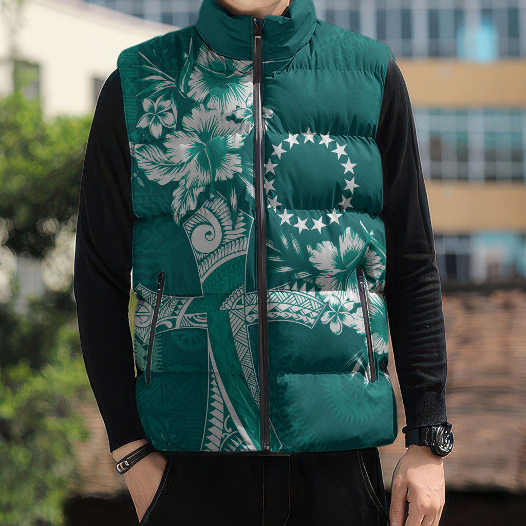 Kia Orana Cook Islands Tapa Floral With Cross Sleeveless Puffer Jacket Deep Teal