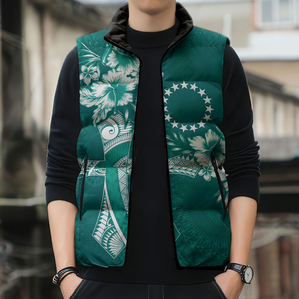 Kia Orana Cook Islands Tapa Floral With Cross Sleeveless Puffer Jacket Deep Teal