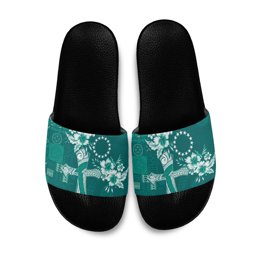 Kia Orana Cook Islands Tapa Floral With Cross Slide Sandals Deep Teal LT7 Deep Teal - Polynesian Pride