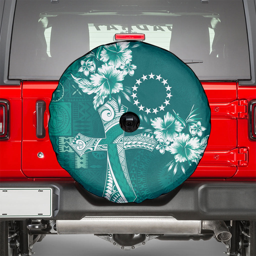 Kia Orana Cook Islands Tapa Floral With Cross Spare Tire Cover Deep Teal LT7 - Polynesian Pride