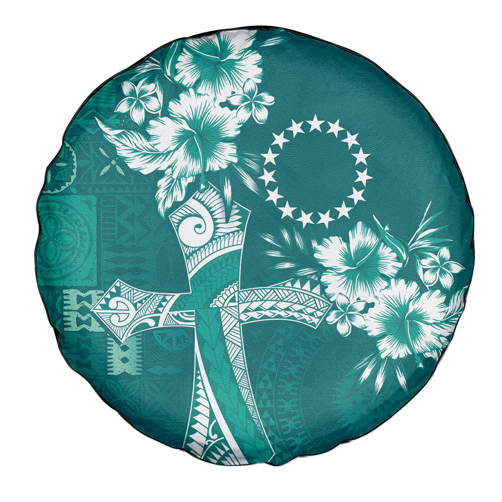 Kia Orana Cook Islands Tapa Floral With Cross Spare Tire Cover Deep Teal LT7 - Polynesian Pride