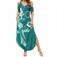Kia Orana Cook Islands Tapa Floral With Cross Summer Maxi Dress Deep Teal LT7 Women Deep Teal - Polynesian Pride