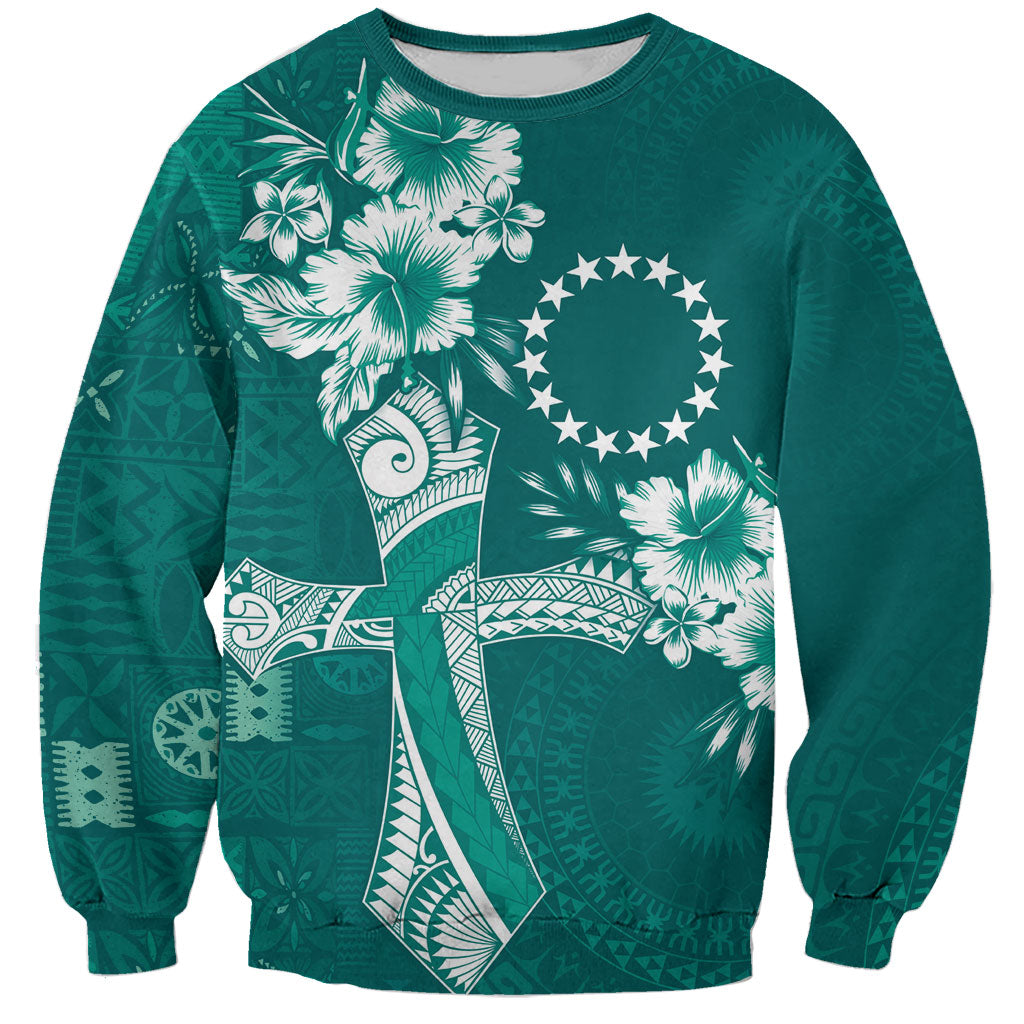 Kia Orana Cook Islands Tapa Floral With Cross Sweatshirt Deep Teal