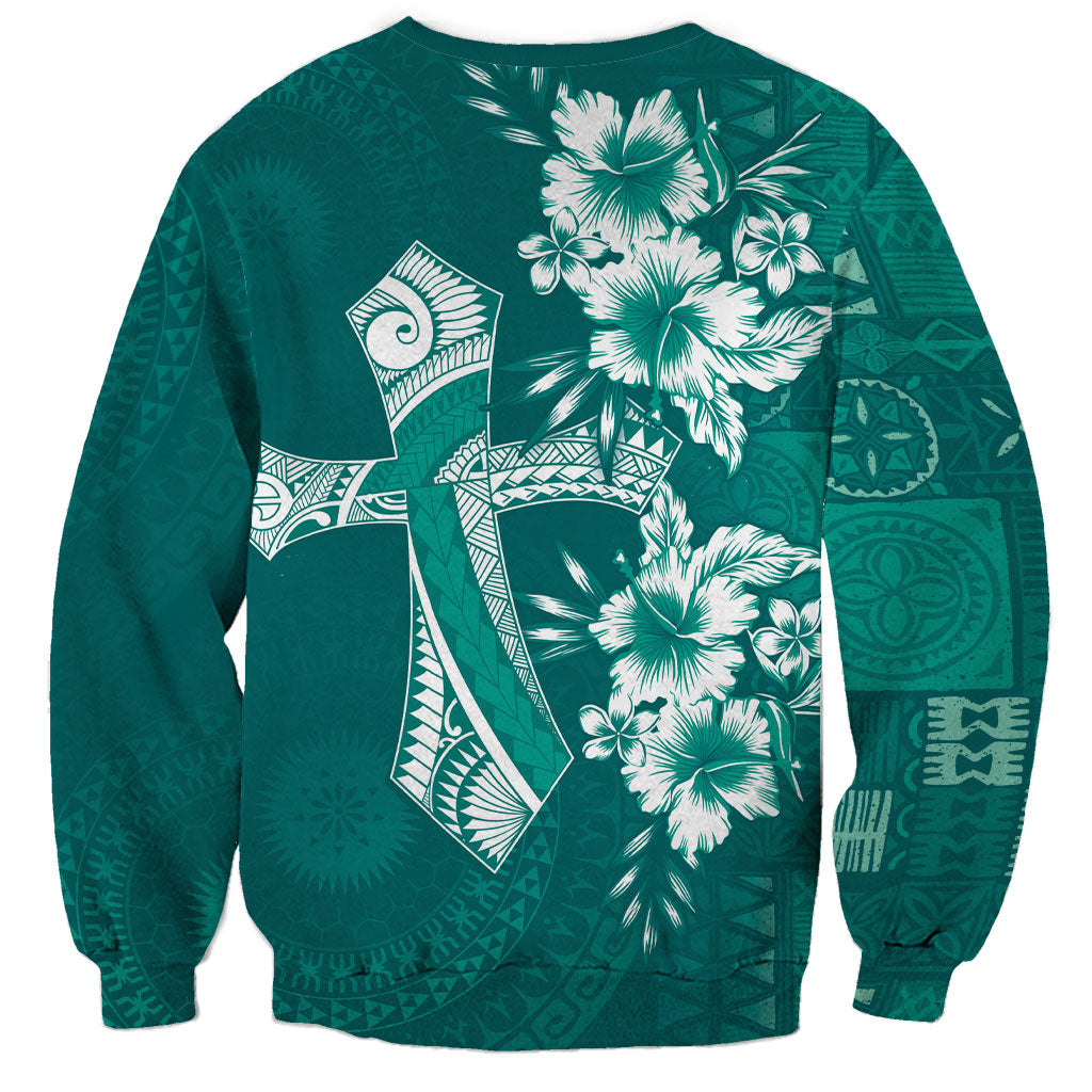 Kia Orana Cook Islands Tapa Floral With Cross Sweatshirt Deep Teal