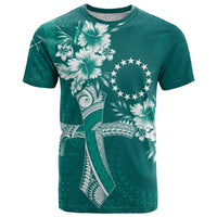 Kia Orana Cook Islands Tapa Floral With Cross T Shirt Deep Teal LT7 Deep Teal - Polynesian Pride