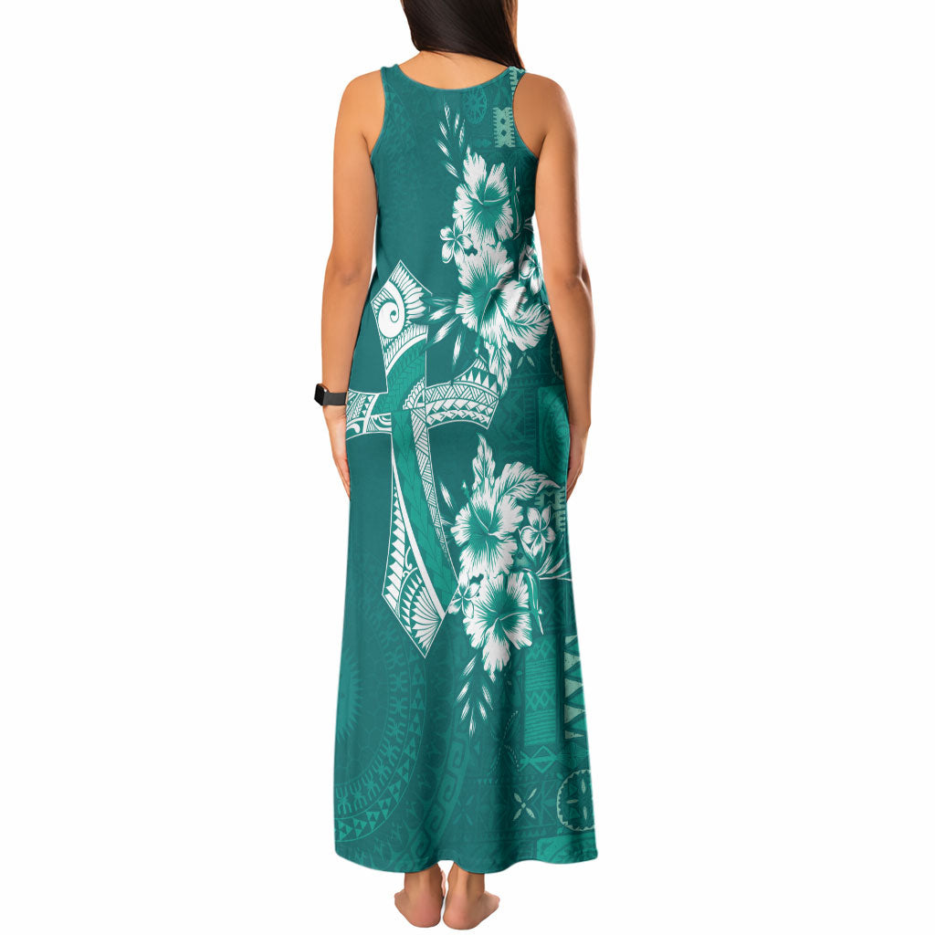Kia Orana Cook Islands Tapa Floral With Cross Tank Maxi Dress Deep Teal LT7 - Polynesian Pride