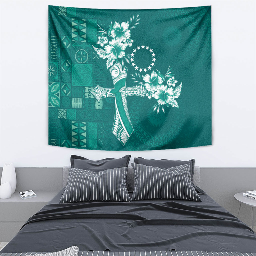 Kia Orana Cook Islands Tapa Floral With Cross Tapestry Deep Teal