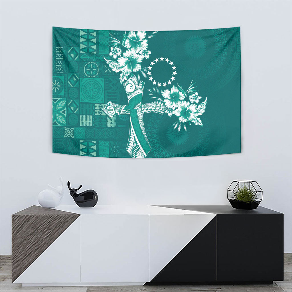 Kia Orana Cook Islands Tapa Floral With Cross Tapestry Deep Teal