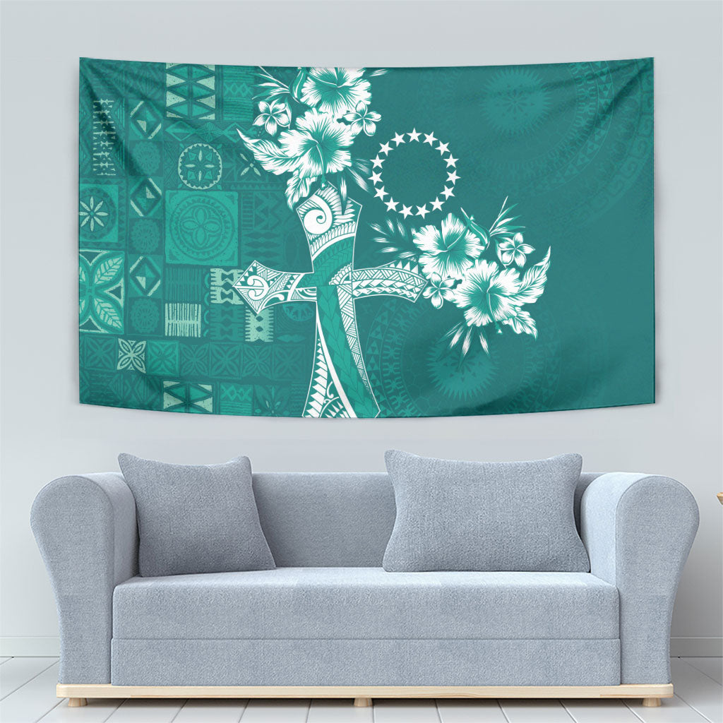 Kia Orana Cook Islands Tapa Floral With Cross Tapestry Deep Teal