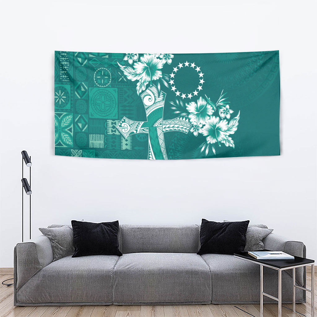 Kia Orana Cook Islands Tapa Floral With Cross Tapestry Deep Teal