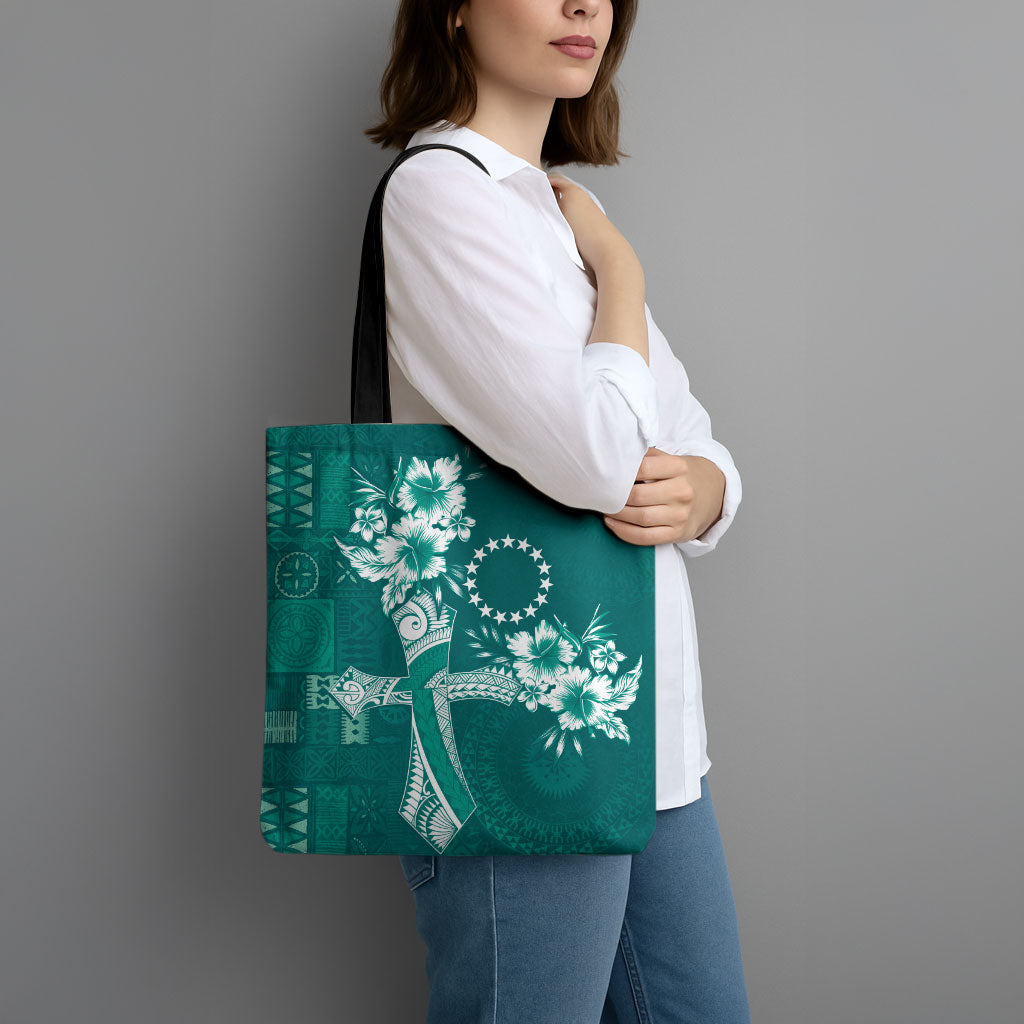 Kia Orana Cook Islands Tapa Floral With Cross Tote Bag Deep Teal LT7 - Polynesian Pride