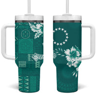Kia Orana Cook Islands Tapa Floral With Cross Tumbler With Handle Deep Teal LT7 One Size: 40 oz Deep Teal - Polynesian Pride