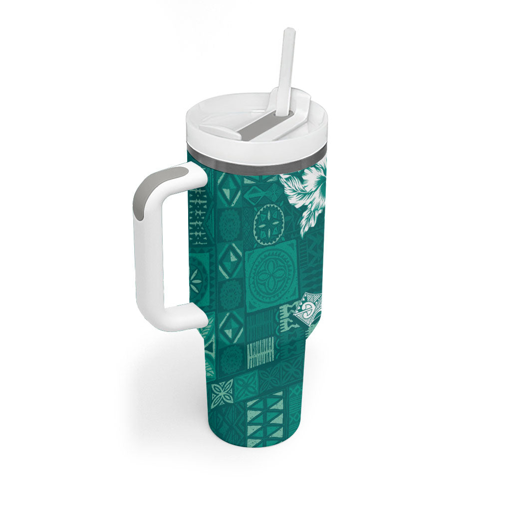 Kia Orana Cook Islands Tapa Floral With Cross Tumbler With Handle Deep Teal LT7 - Polynesian Pride