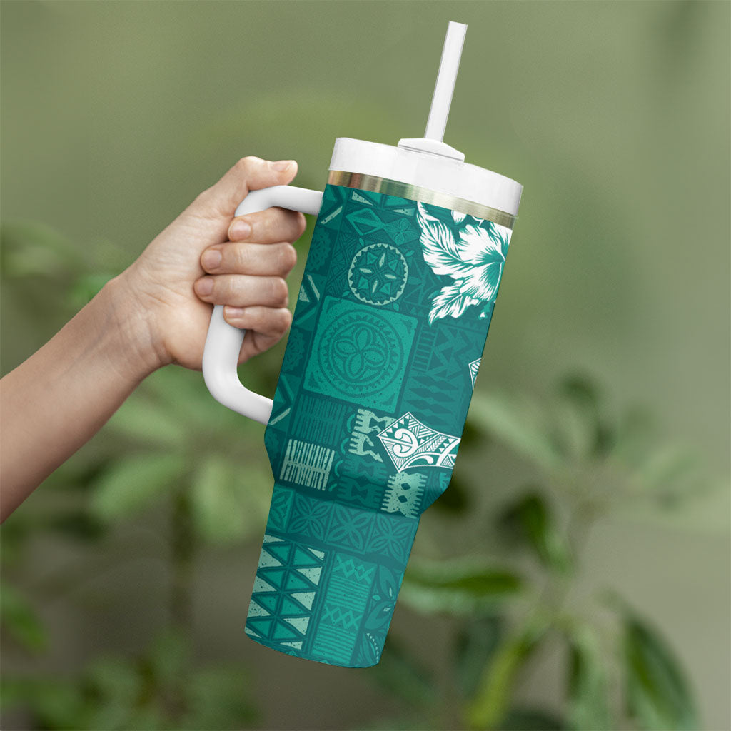 Kia Orana Cook Islands Tapa Floral With Cross Tumbler With Handle Deep Teal LT7 - Polynesian Pride