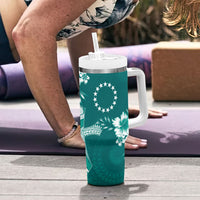 Kia Orana Cook Islands Tapa Floral With Cross Tumbler With Handle Deep Teal LT7 - Polynesian Pride