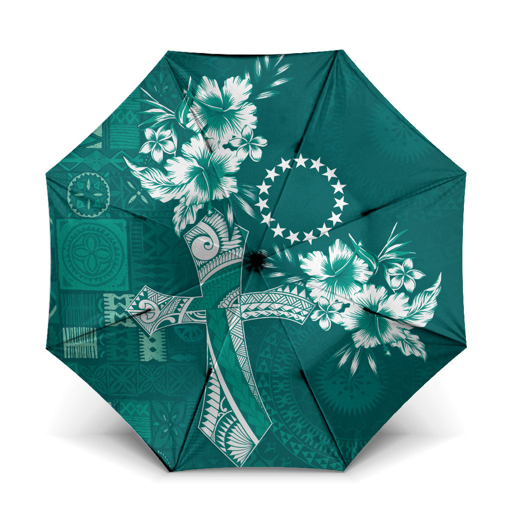 Kia Orana Cook Islands Tapa Floral With Cross Umbrella Deep Teal