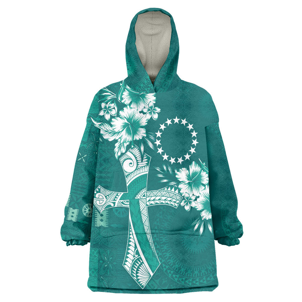 Kia Orana Cook Islands Tapa Floral With Cross Wearable Blanket Hoodie Deep Teal