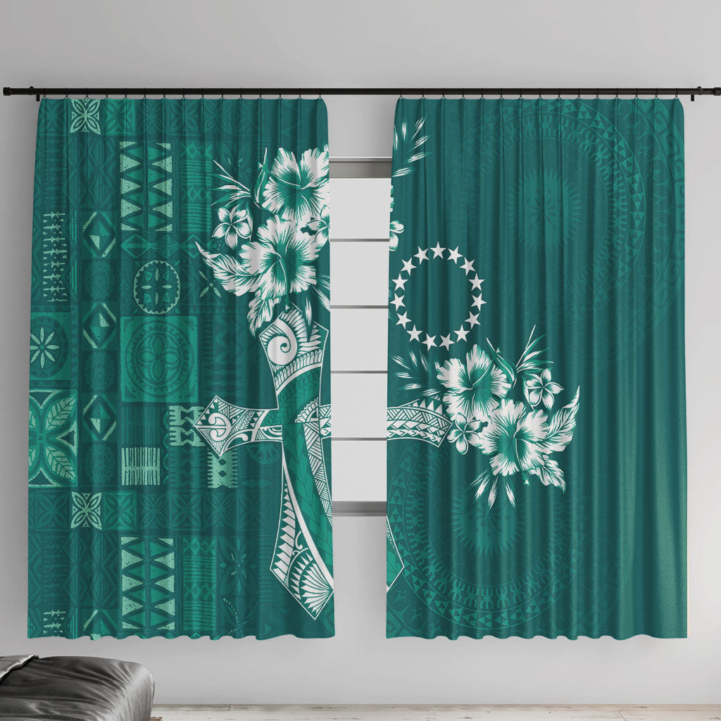 Kia Orana Cook Islands Tapa Floral With Cross Window Curtain Deep Teal