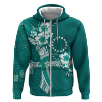 Kia Orana Cook Islands Tapa Floral With Cross Zip Hoodie Deep Teal LT7 Zip Hoodie Deep Teal - Polynesian Pride