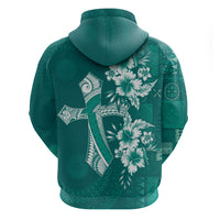 Kia Orana Cook Islands Tapa Floral With Cross Zip Hoodie Deep Teal LT7 - Polynesian Pride
