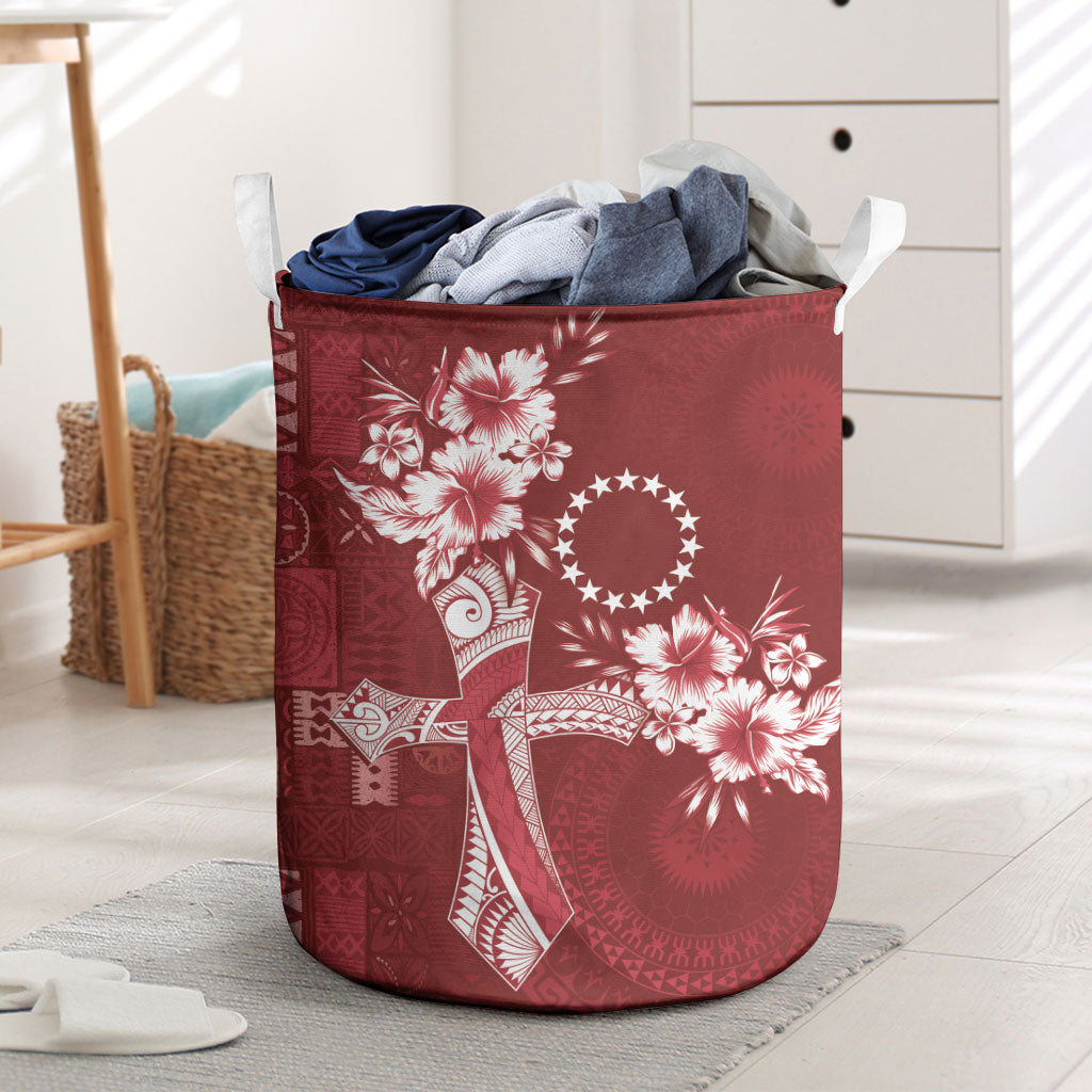 Kia Orana Cook Islands Tapa Floral With Cross Laundry Basket Crimson Red LT7 Crimson Red - Polynesian Pride