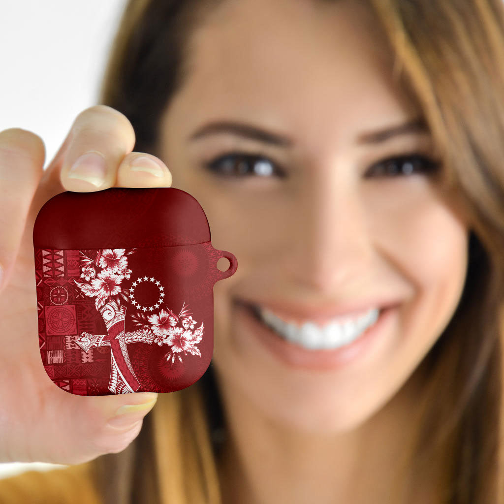 Kia Orana Cook Islands Tapa Floral With Cross AirPods Case Crimson Red LT7 - Polynesian Pride