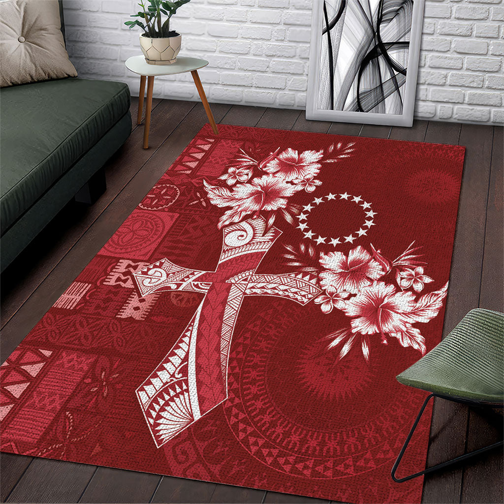 Kia Orana Cook Islands Tapa Floral With Cross Area Rug Crimson Red LT7 Crimson Red - Polynesian Pride