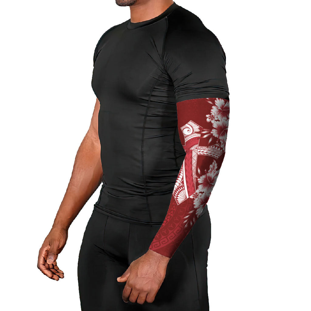 Kia Orana Cook Islands Tapa Floral With Cross Arm Sleeves Crimson Red LT7 - Polynesian Pride