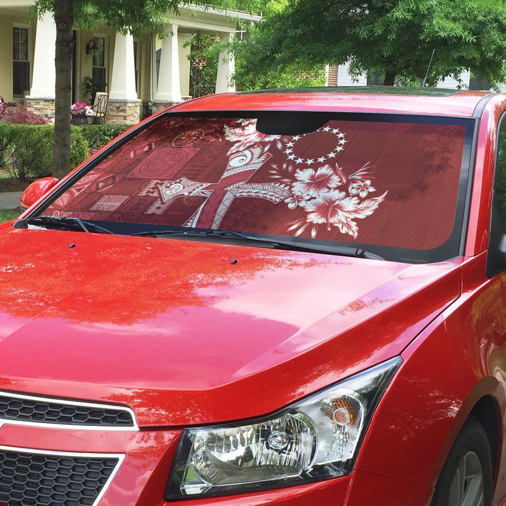 Kia Orana Cook Islands Tapa Floral With Cross Auto Sun Shade Crimson Red LT7 - Polynesian Pride