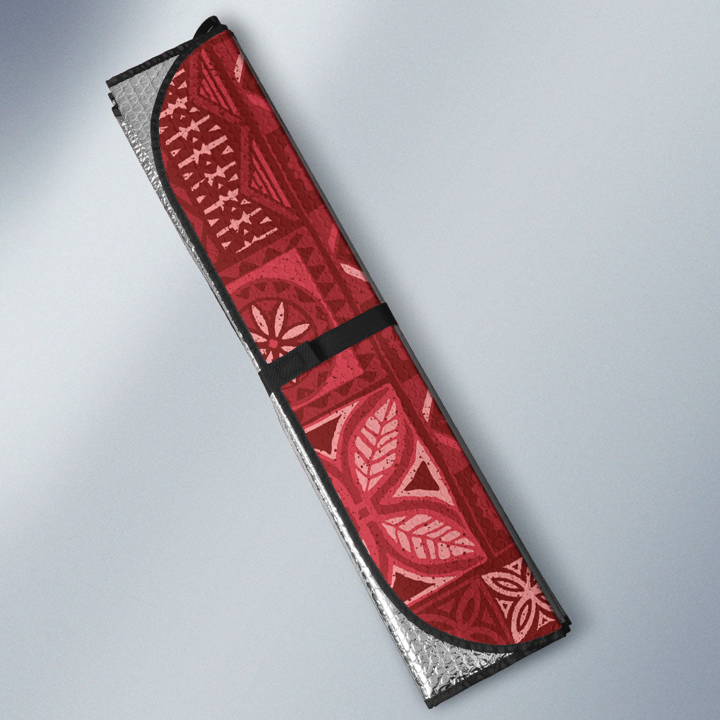 Kia Orana Cook Islands Tapa Floral With Cross Auto Sun Shade Crimson Red LT7 - Polynesian Pride