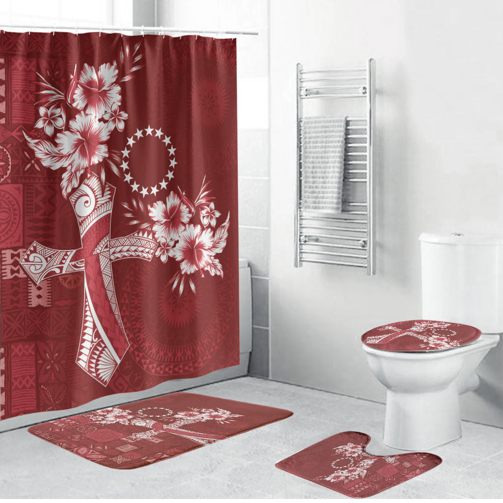 Kia Orana Cook Islands Tapa Floral With Cross Bathroom Set Crimson Red LT7 Bathroom Set (4 pcs) Crimson Red - Polynesian Pride