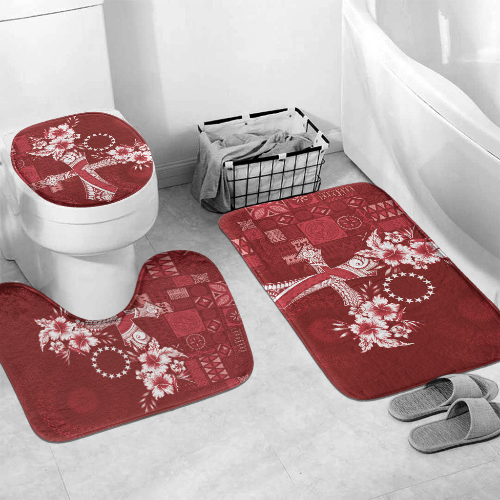 Kia Orana Cook Islands Tapa Floral With Cross Bathroom Set Crimson Red LT7 Mat Set Only (3 pcs) One Size Crimson Red - Polynesian Pride
