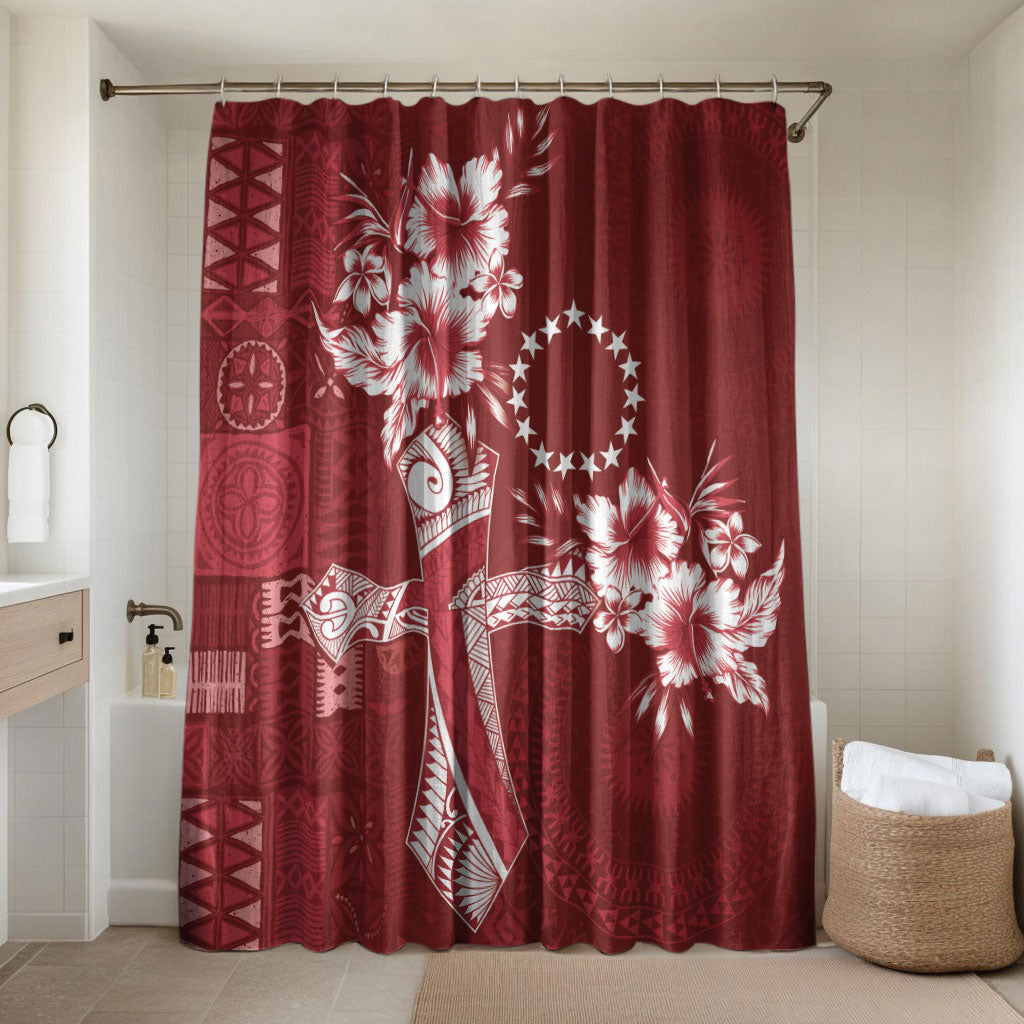 Kia Orana Cook Islands Tapa Floral With Cross Bathroom Set Crimson Red LT7 Shower Curtain Only Crimson Red - Polynesian Pride