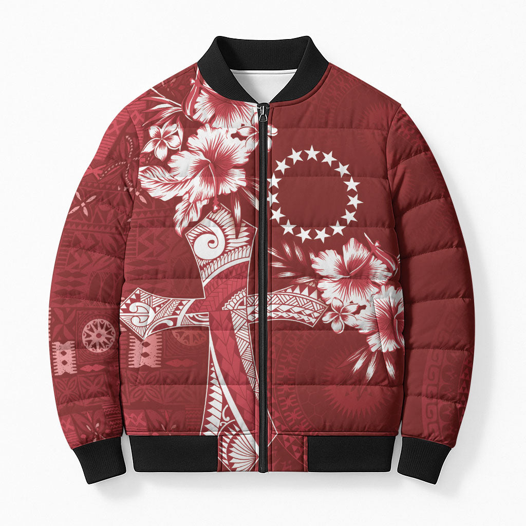 Kia Orana Cook Islands Tapa Floral With Cross Bomber Puffer Jacket Crimson Red