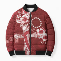 Kia Orana Cook Islands Tapa Floral With Cross Bomber Puffer Jacket Crimson Red