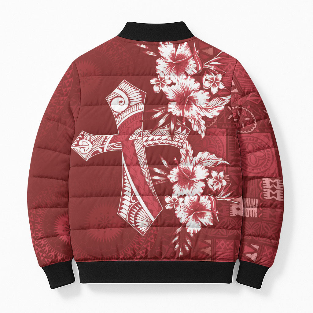 Kia Orana Cook Islands Tapa Floral With Cross Bomber Puffer Jacket Crimson Red