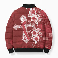 Kia Orana Cook Islands Tapa Floral With Cross Bomber Puffer Jacket Crimson Red