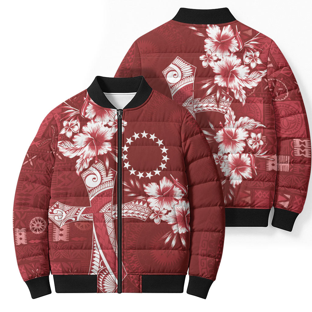 Kia Orana Cook Islands Tapa Floral With Cross Bomber Puffer Jacket Crimson Red
