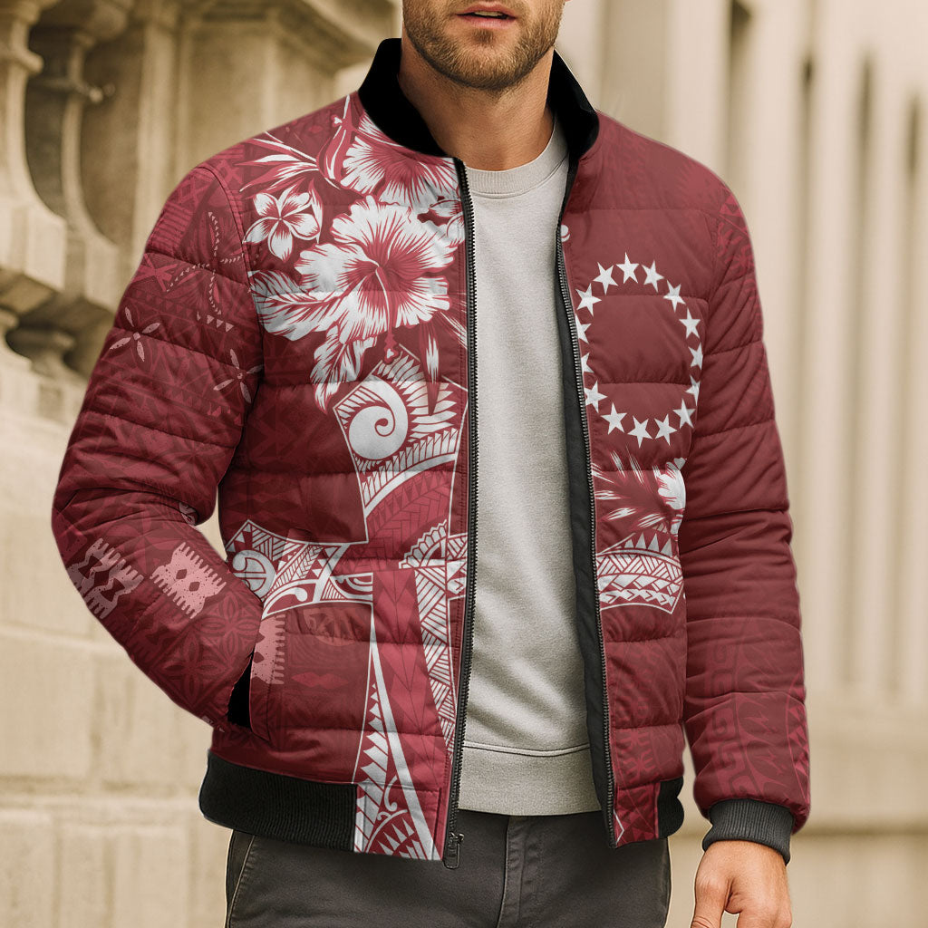 Kia Orana Cook Islands Tapa Floral With Cross Bomber Puffer Jacket Crimson Red