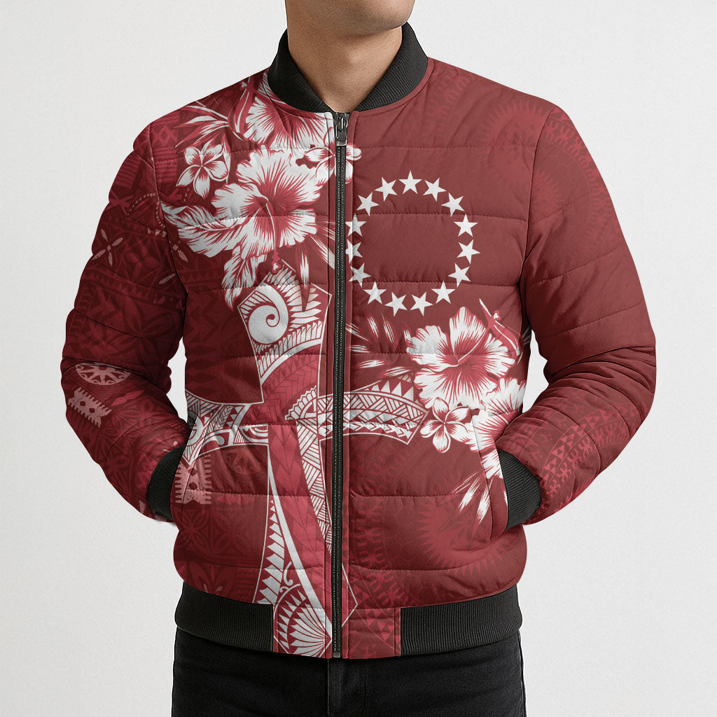 Kia Orana Cook Islands Tapa Floral With Cross Bomber Puffer Jacket Crimson Red