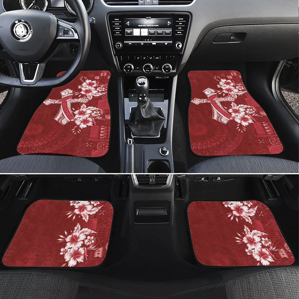 Kia Orana Cook Islands Tapa Floral With Cross Car Mats Crimson Red LT7 Set 4pcs Crimson Red - Polynesian Pride