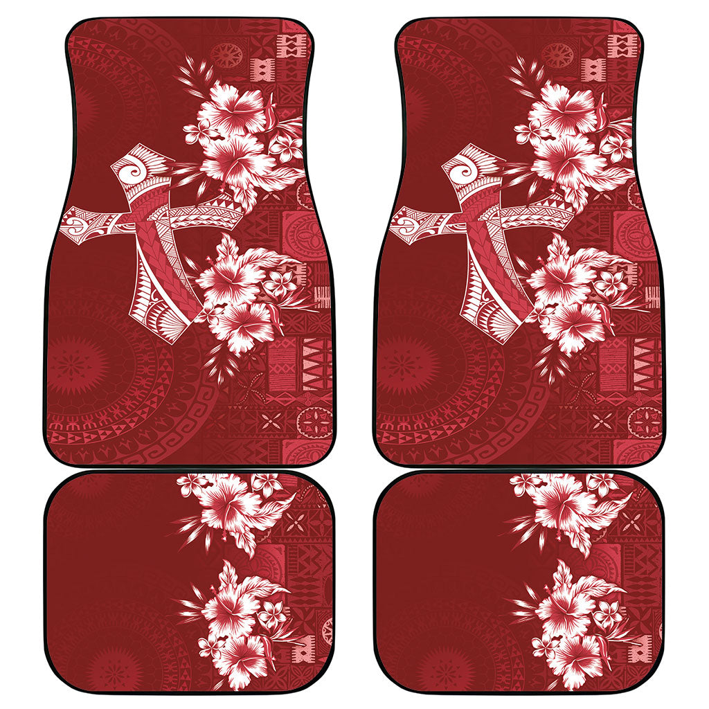 Kia Orana Cook Islands Tapa Floral With Cross Car Mats Crimson Red LT7 - Polynesian Pride