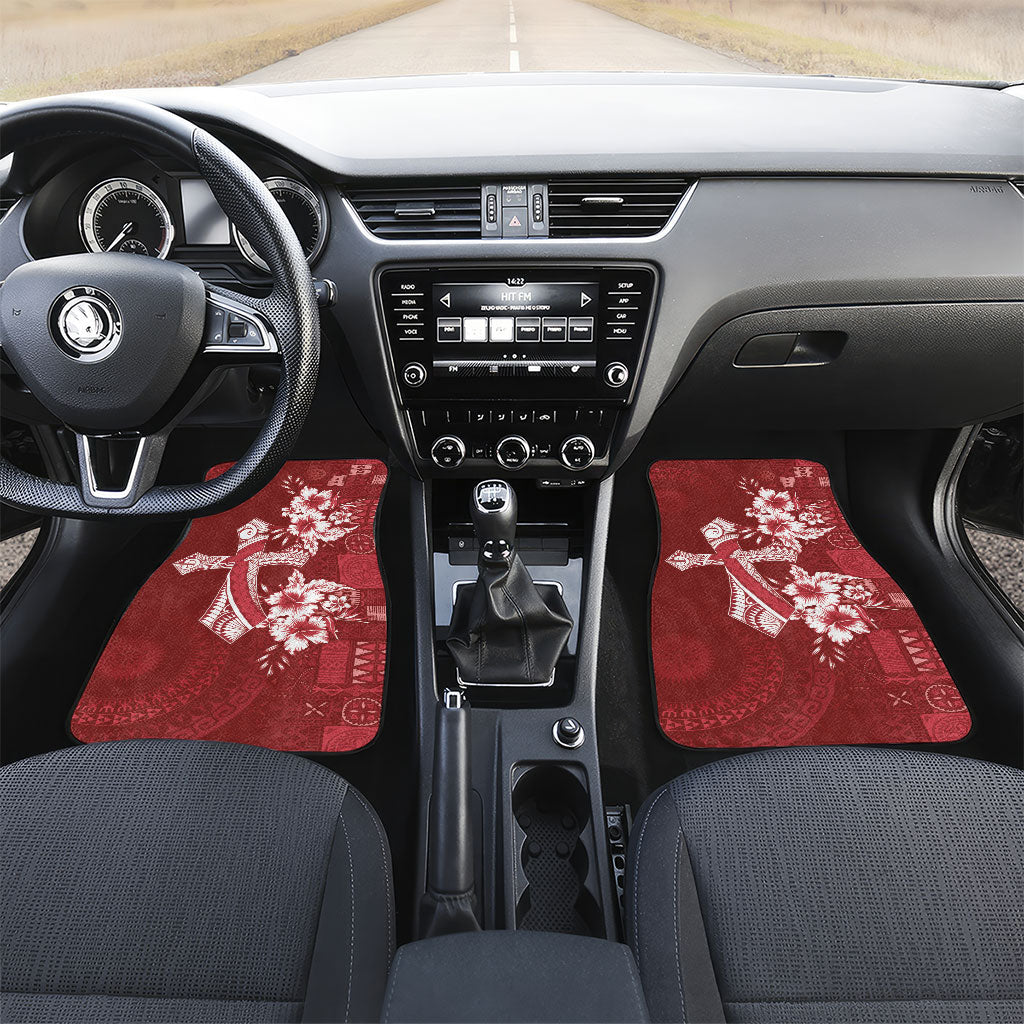 Kia Orana Cook Islands Tapa Floral With Cross Car Mats Crimson Red LT7 Set 2pcs - Front Crimson Red - Polynesian Pride
