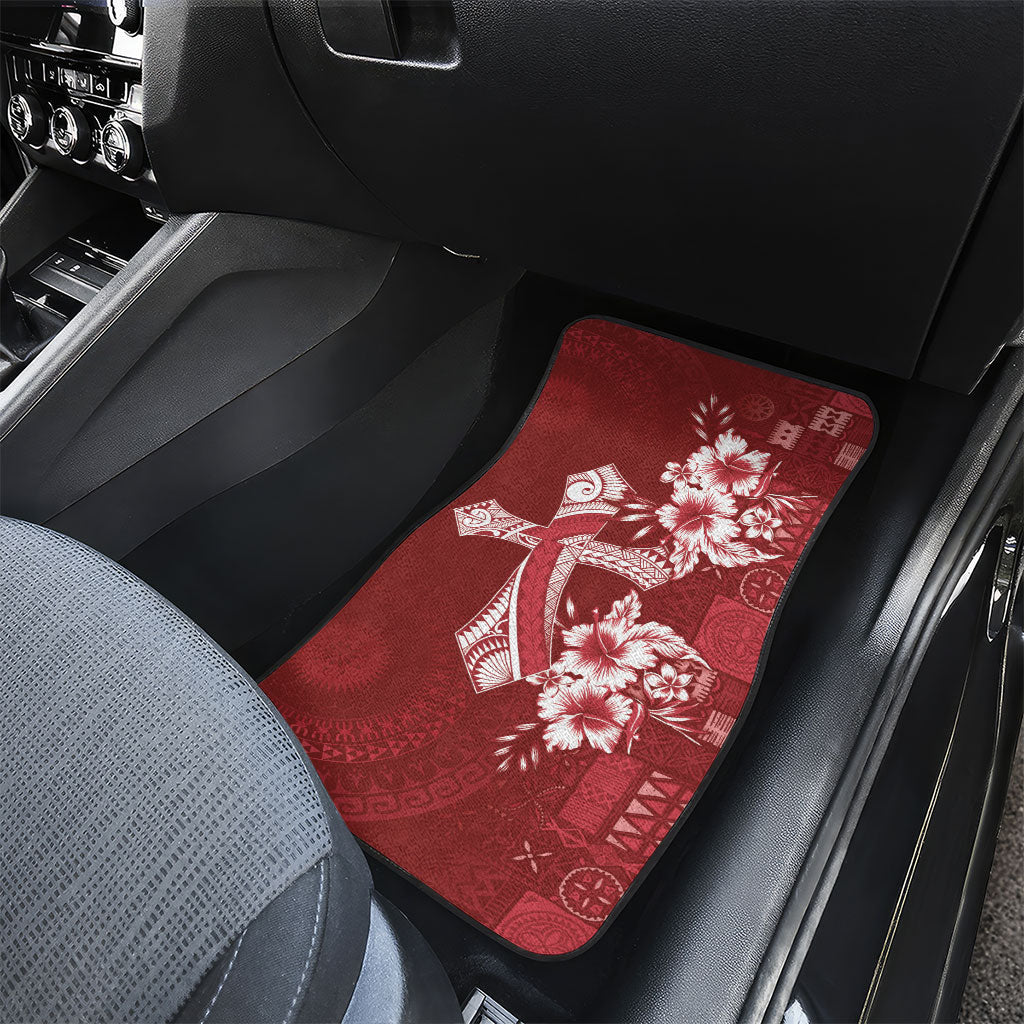 Kia Orana Cook Islands Tapa Floral With Cross Car Mats Crimson Red LT7 - Polynesian Pride