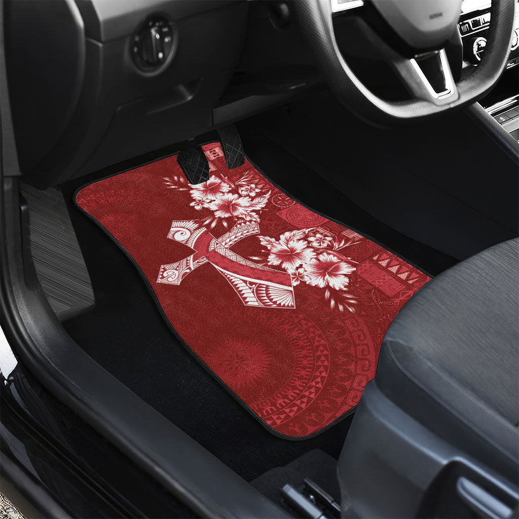Kia Orana Cook Islands Tapa Floral With Cross Car Mats Crimson Red LT7 - Polynesian Pride